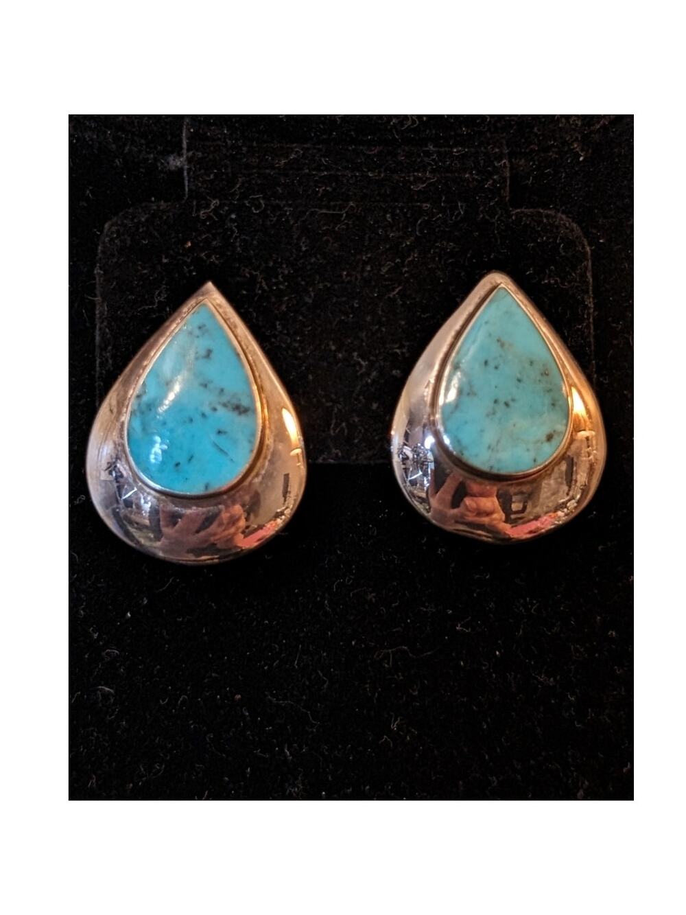 Vintage 925 Sterling Turquoise Teardrop Clip On Earrings